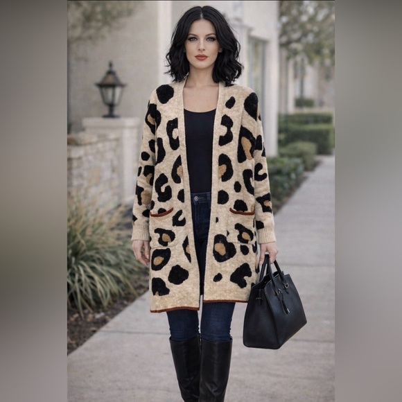 JODIFL Sweaters - JODIFL Tan and Black Animal Print Leopard Cardigan